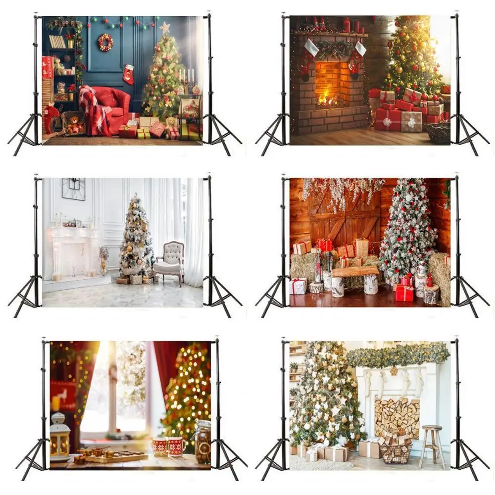 Фон для фотосъемки с изображением рождественской елки камина подарочной коробки
