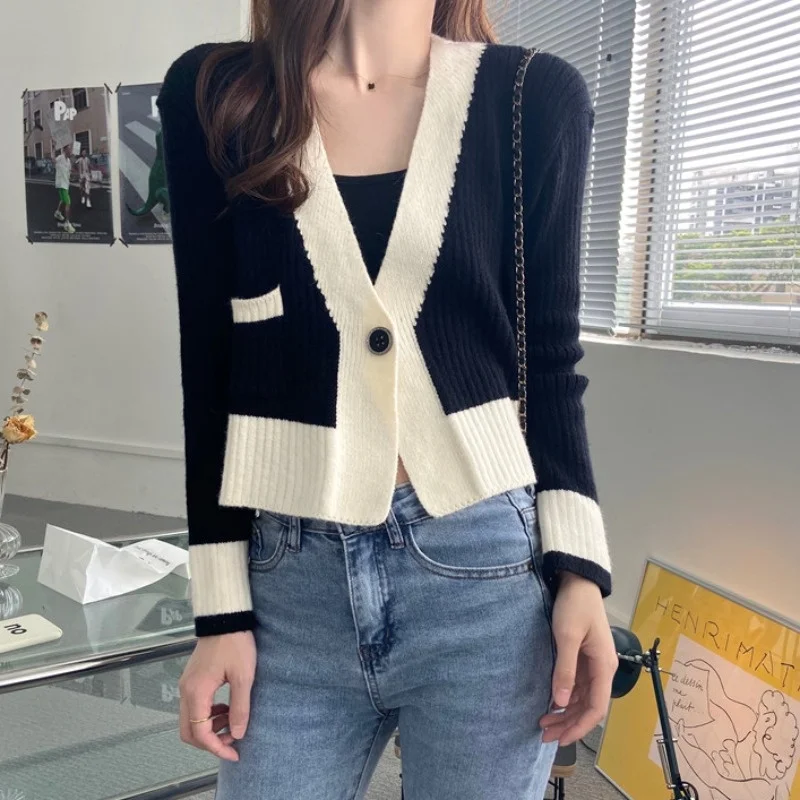 V-Collar Contrast Color Cardigan Sweater Gentle Knitwear Long Sleeve High Waist Top Autumn Women's Clothing 2021 Rac |