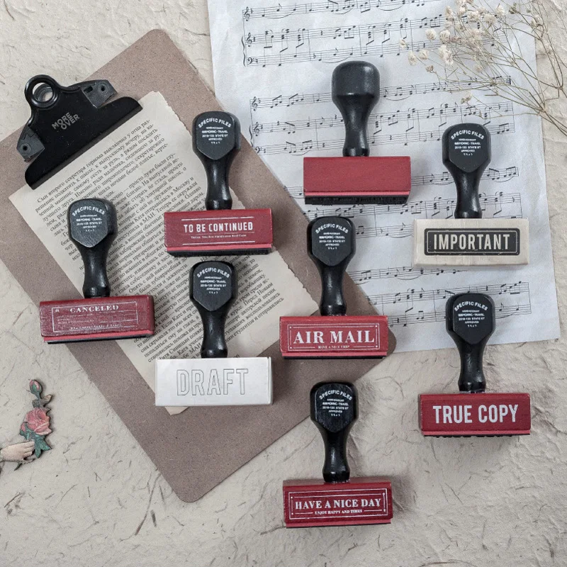 

Retro Specific Files Series Label Wooden Handle Seal Planner Wooden Rubber Stamp DIY Scrapbooking Cards Decoration Embossing