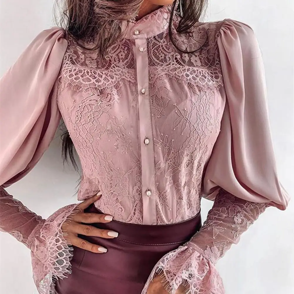 

2021 Autumn Shirts Women Blouse Lace Stitching Slim Elegant Solid Color Chiffon Puff Sleeve Shirt Ladies Tops for Daily Wear