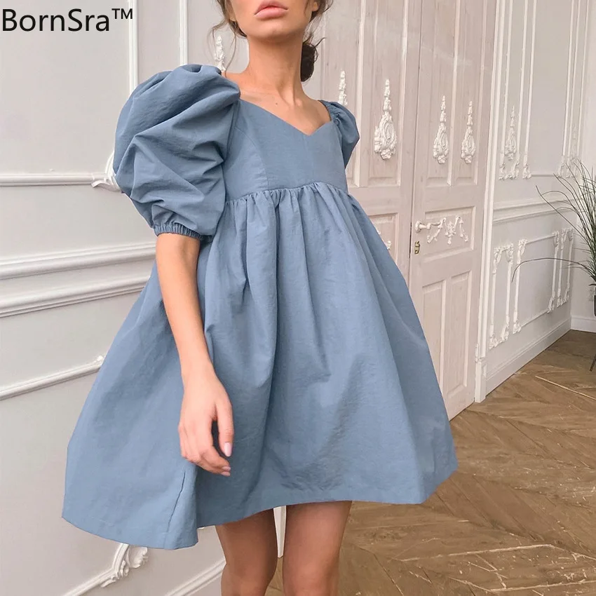 

Женское платье Bornsra, однотонное свободное платье из чистого хлопка, с пышными рукавами и V-образным вырезом, во французском стиле, лето 2021