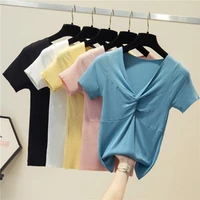 ljsxls fashion knitted sweater tops women sexy v neck cross pullovers short sleeve sweater women black blue slim female clothes