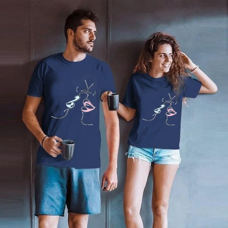 

King Queen Couples T Shirt Kiss Lip Print Couple Tshirt Summer Fashion Woman T-shirt Casual O-Neck Tops Lovers Tee Shirt