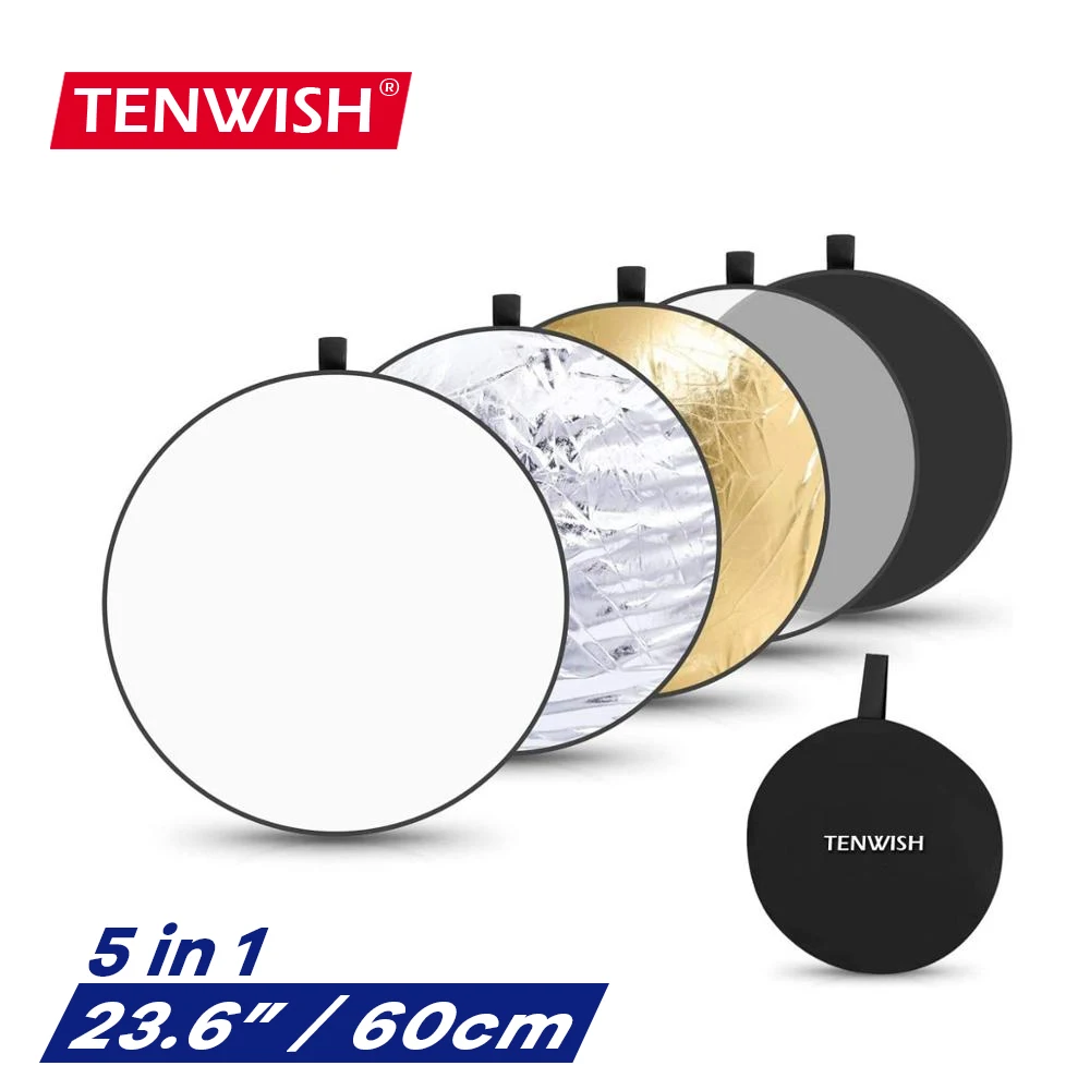 TENWISH 24inches/60cm 5in1 Circular Reflector Collapsible Compact Multi Disc Studio Lighting Modifier for Product Portrait Shots |