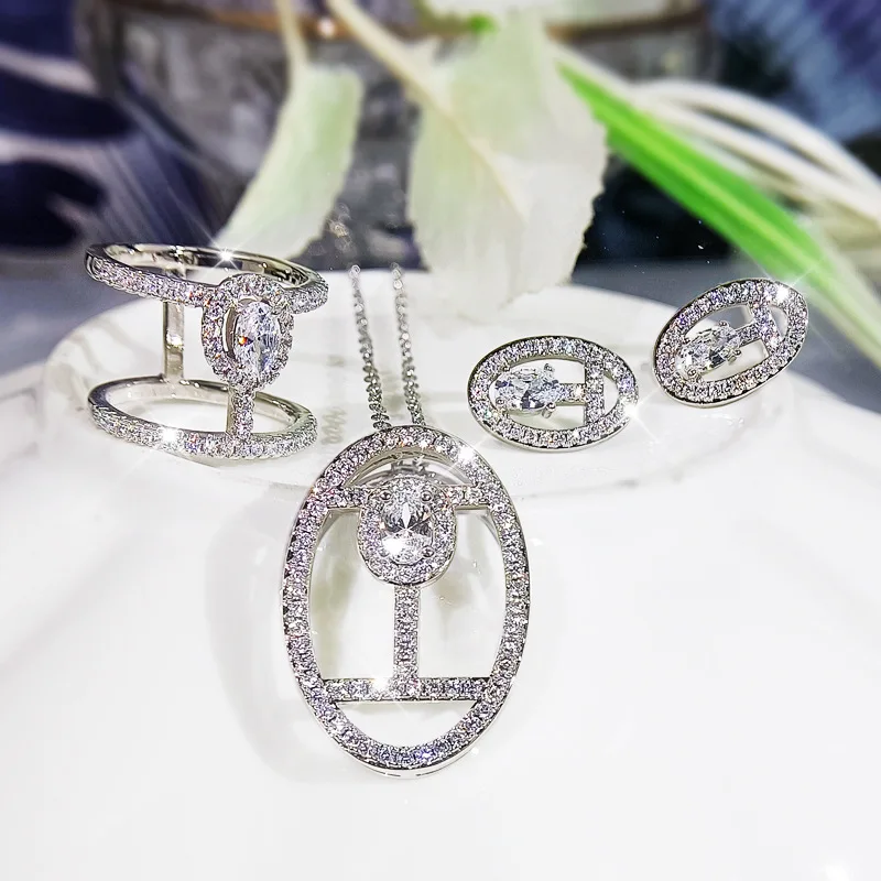 

Independently designed exquisite fashion jewelry silver inlaid crystal necklace earrings ring light luxury zircon jewelry set