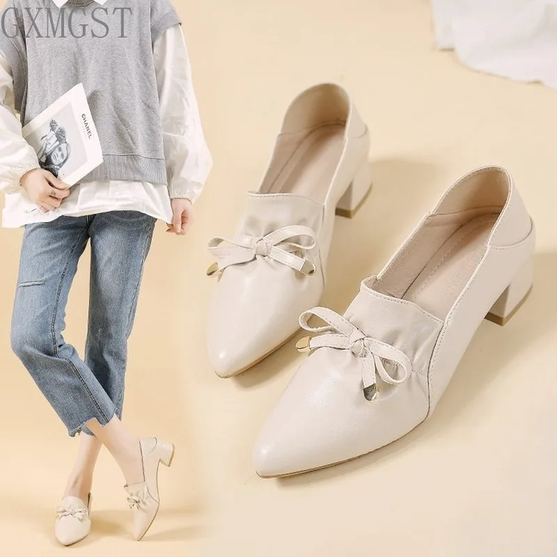 

2021 New Women Shoes Fall New Korean Bow Pointy Shallow Thick Heel Women's Shoes Younger Shoes Lady Shoes Flat Shoes Fashion