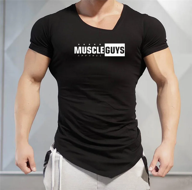 Бег косой Мужская футболка с коротким рукавом и v-образным вырезом фитнес Slim Fit