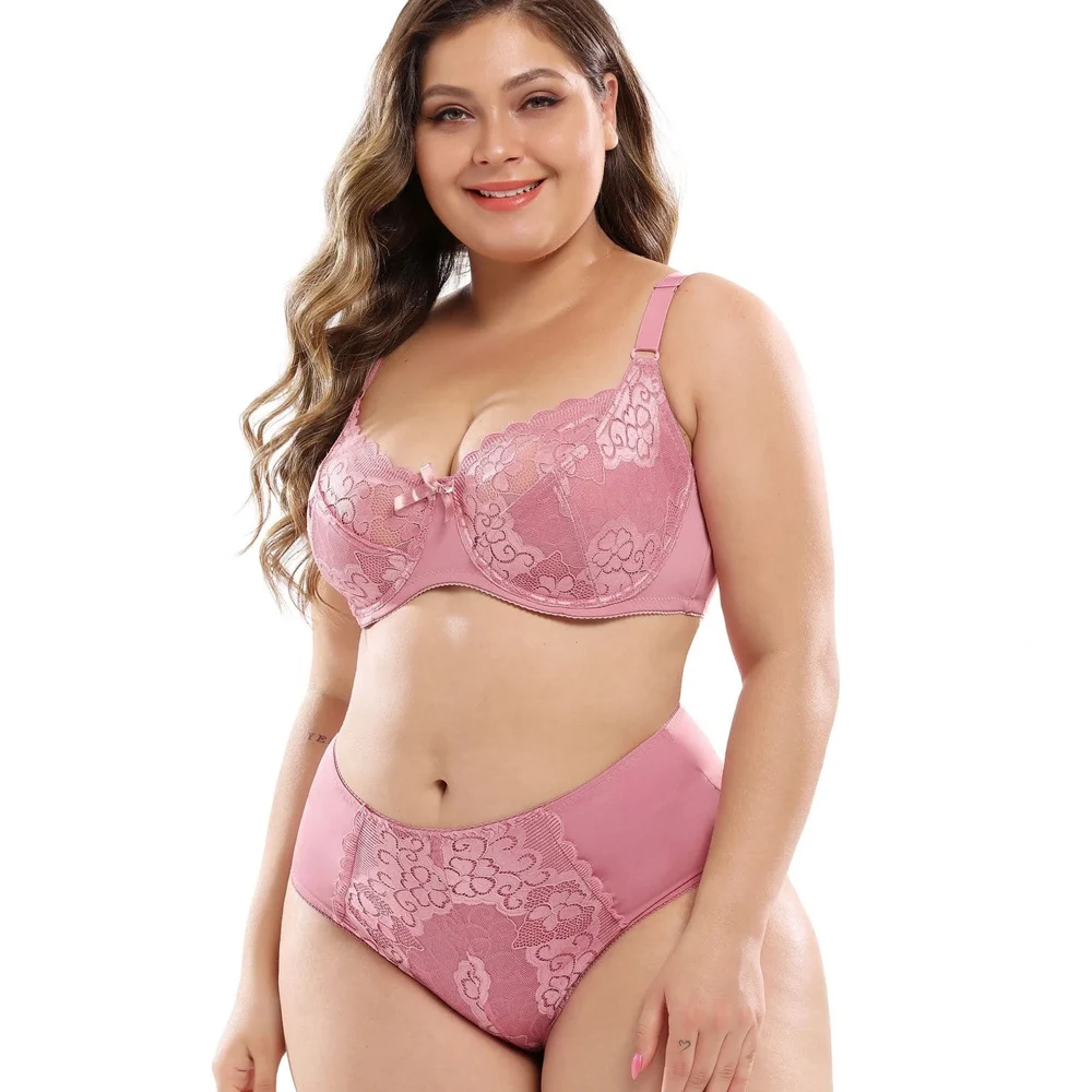 

Plus Size Female Lingeries Full Cup Unlined Bra and Panty Set Ultra Thin Panty Floral Lace Women Bra Set 6 Colors C D DD E F
