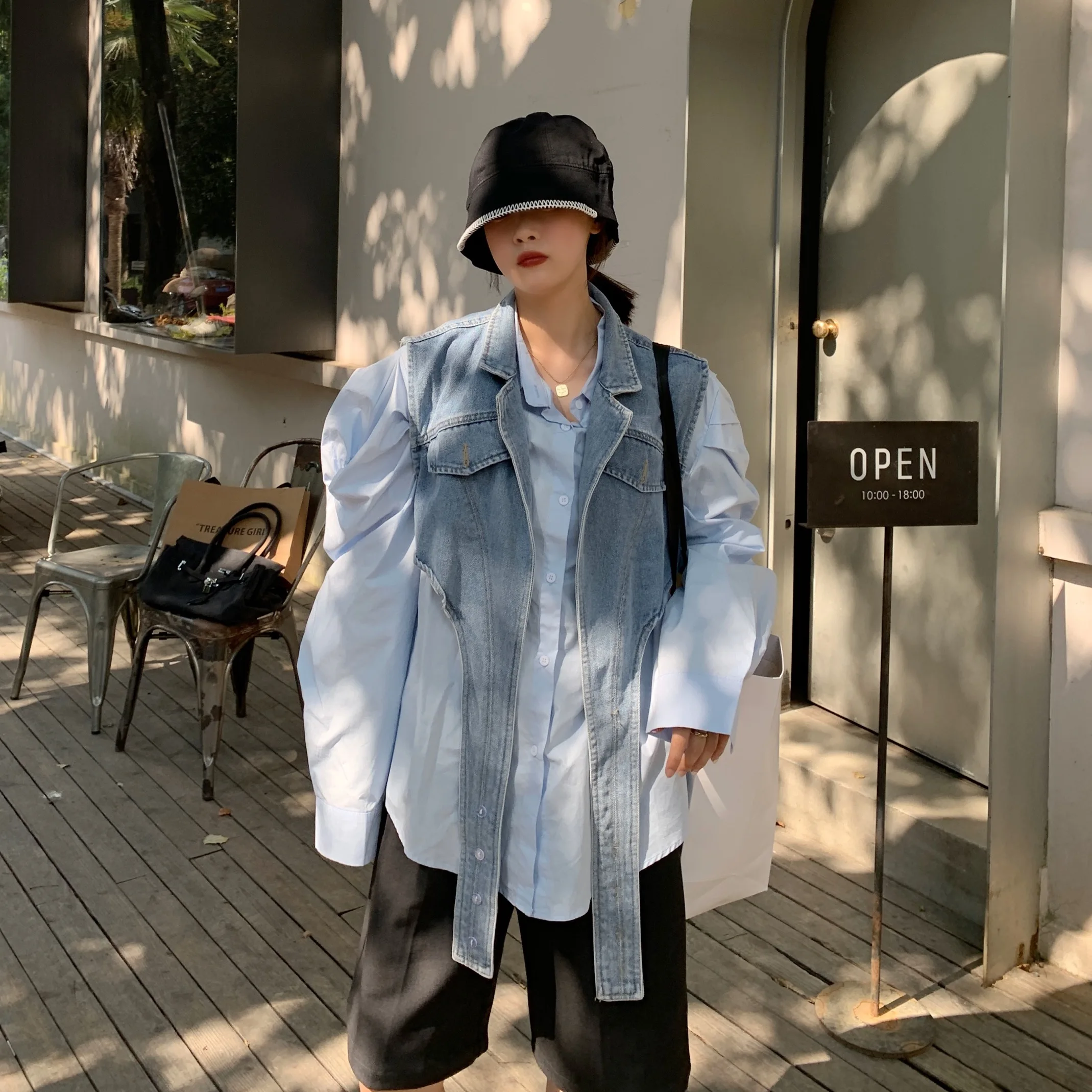 

Summer Office Lady Plus Size Single Breasted Puff Sleeve Ruffled Sleeve Design Loose Shirt + Denim Bandage Short Vest Jacket