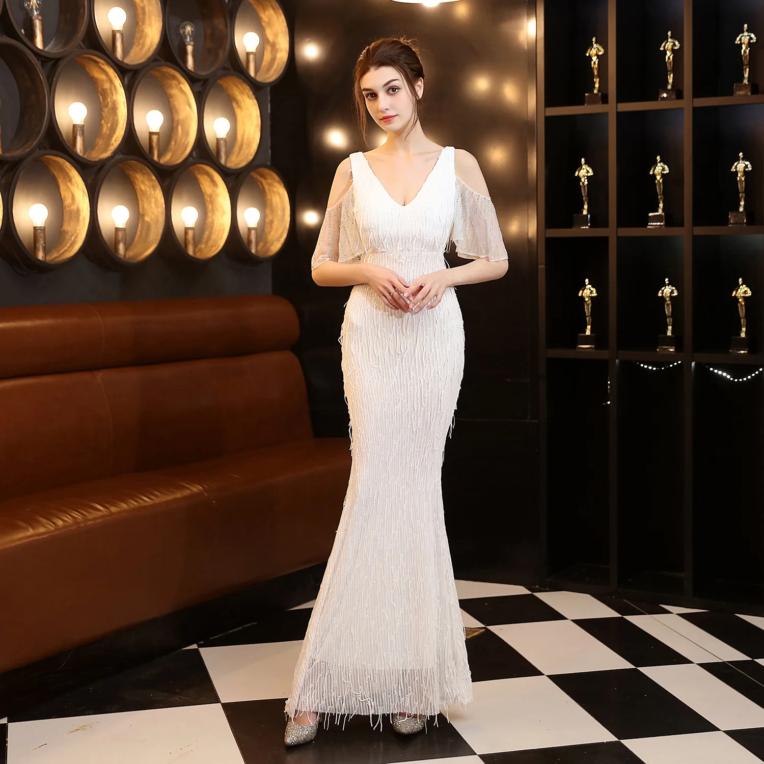

Dresses party woman dress polyester silk thread tassel beads fishtail banquet elegant temperament woman Party dress 18135
