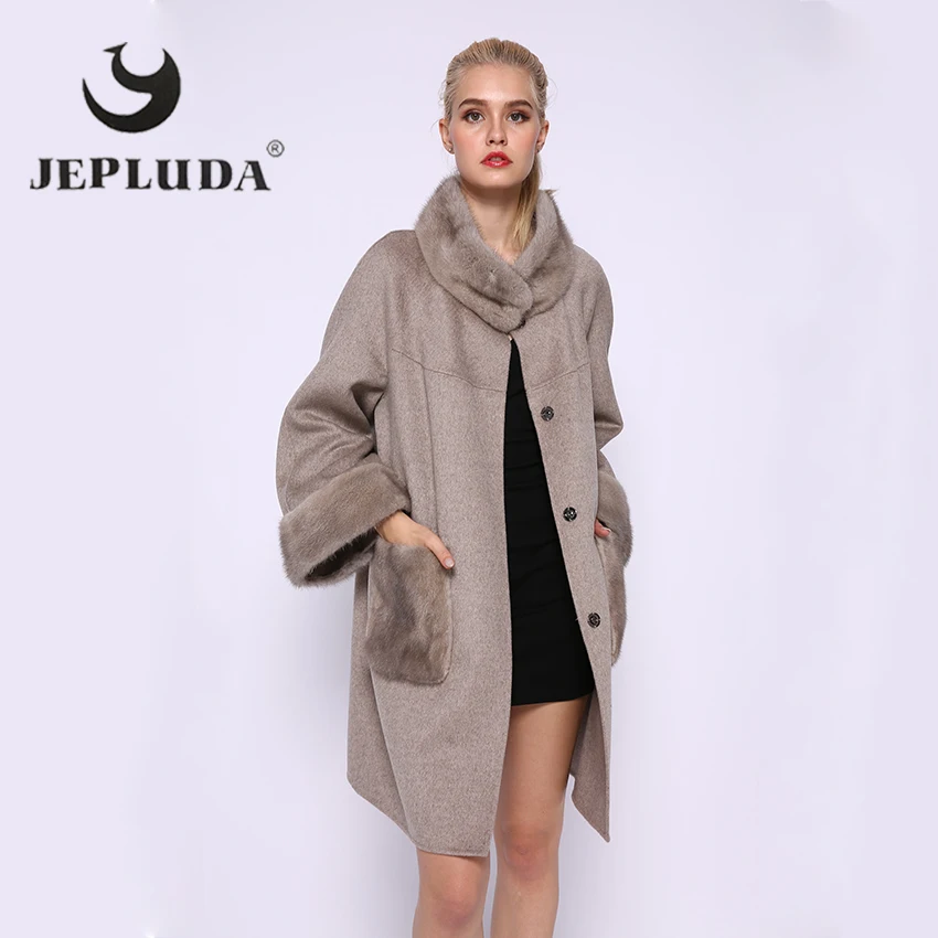 JEPLUDA 100% шерстяное пальто женское кашемир норковые воротник манжет карман Plus Size