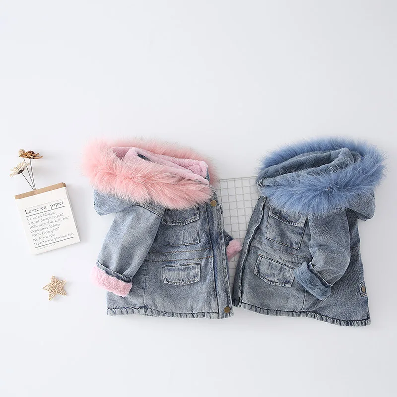 Girls Winter Plus Velvet Denim Jackets Children Fur Collar Hooded Casua Coats Kids Cotton Parkas Outwear |
