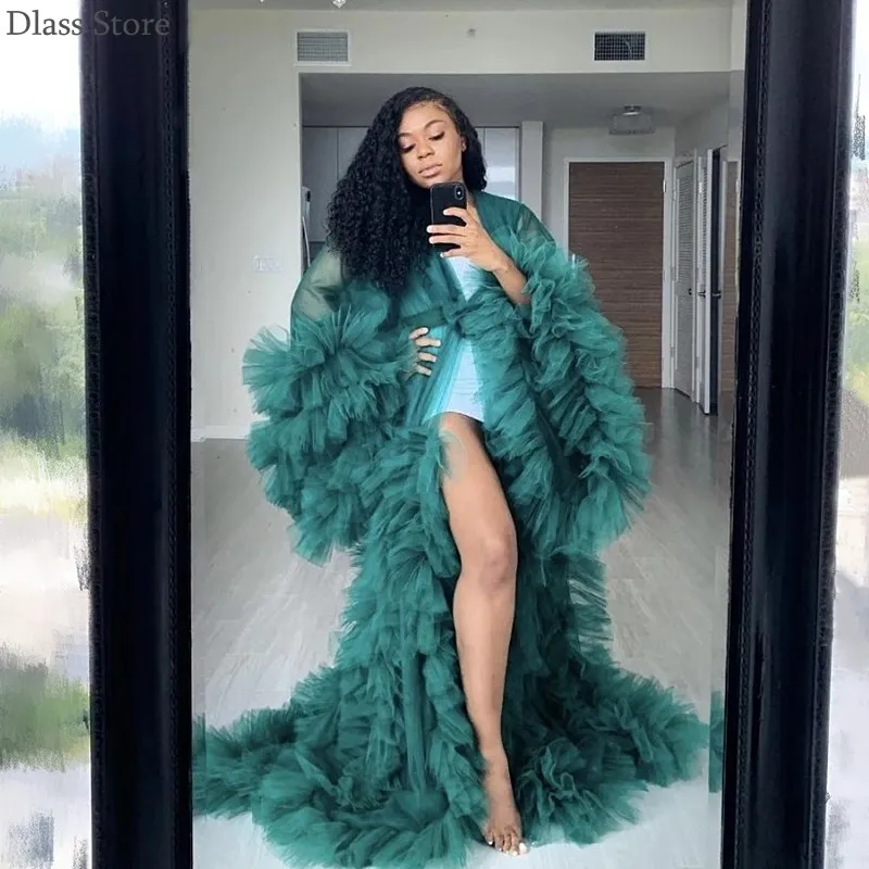 

Green Evening Dress For Pregnancy Women Ruffels Coat Tulle Illusion Sweep Train Photography Prom Dress платья для выпускного