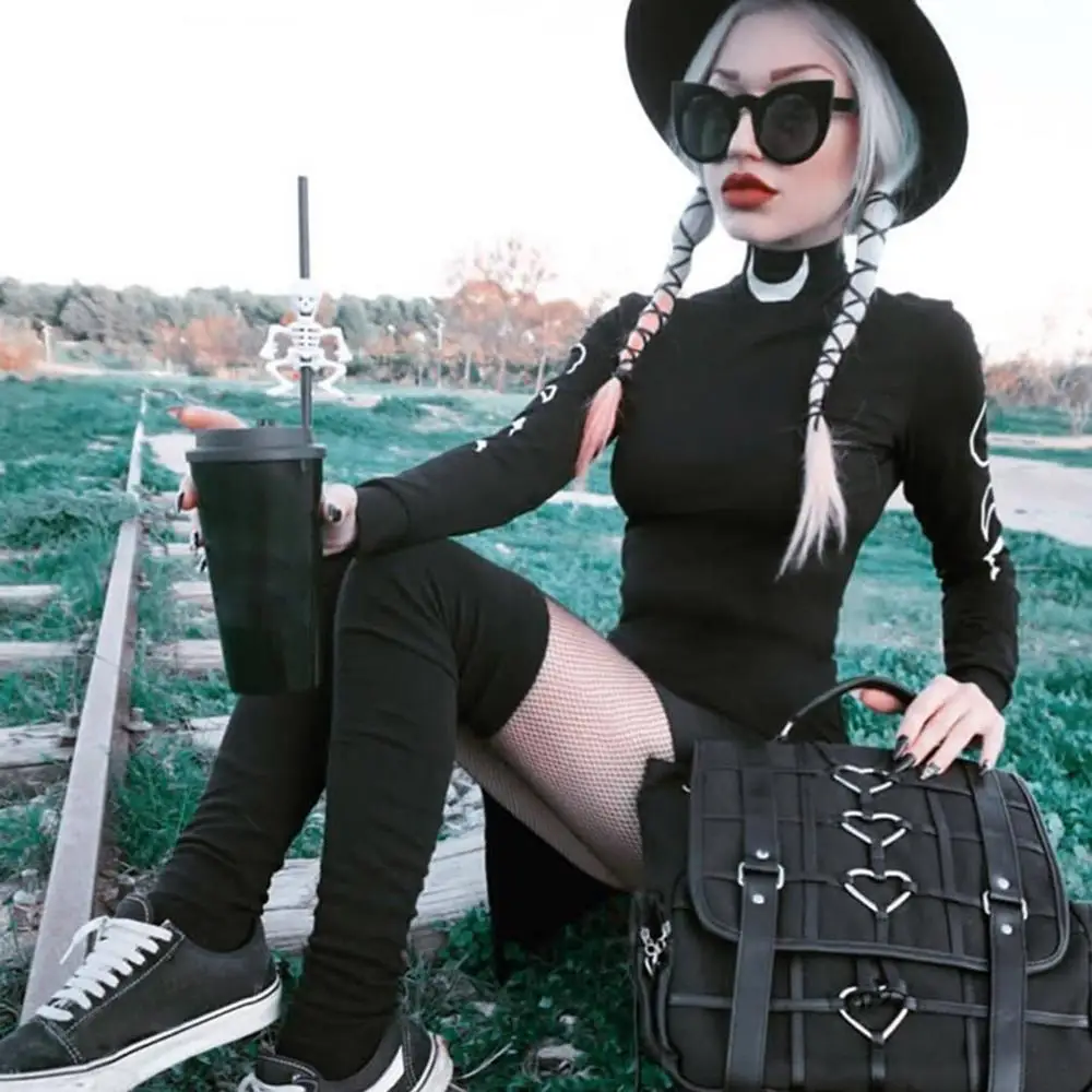 Горячее предложение женское платье черное уличное готический стиль панк луна