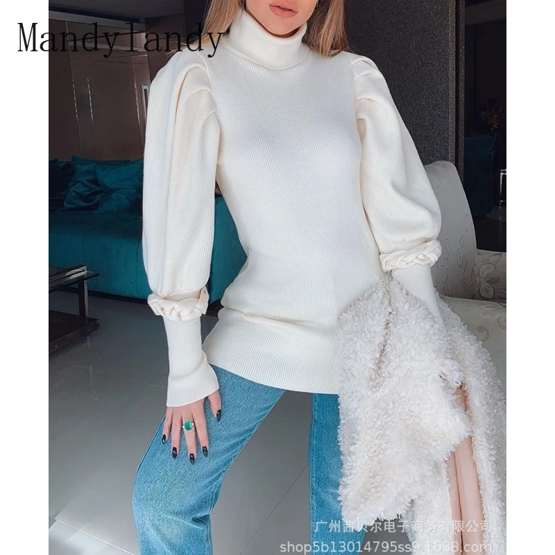 

Mandylandy Sweater Women's Casual Puff Sleeve Pleated Stitching Sweater Autumn Fashion Slim Solid Color Turtleneck Sweater