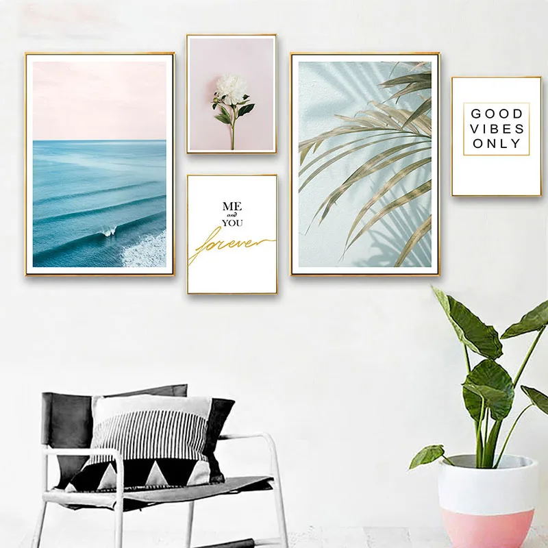 Узором из цветов и листьев стены граффити Печать на холсте океан пейзажные волны