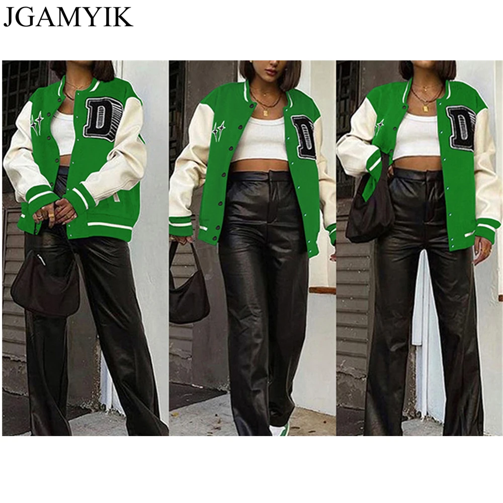 

JGAMYIK Patchwork Letter Jacket For Women 2021 Varsity Jacket Fall Clothes Vintage Baseball Jackets Green Bomber Jacket