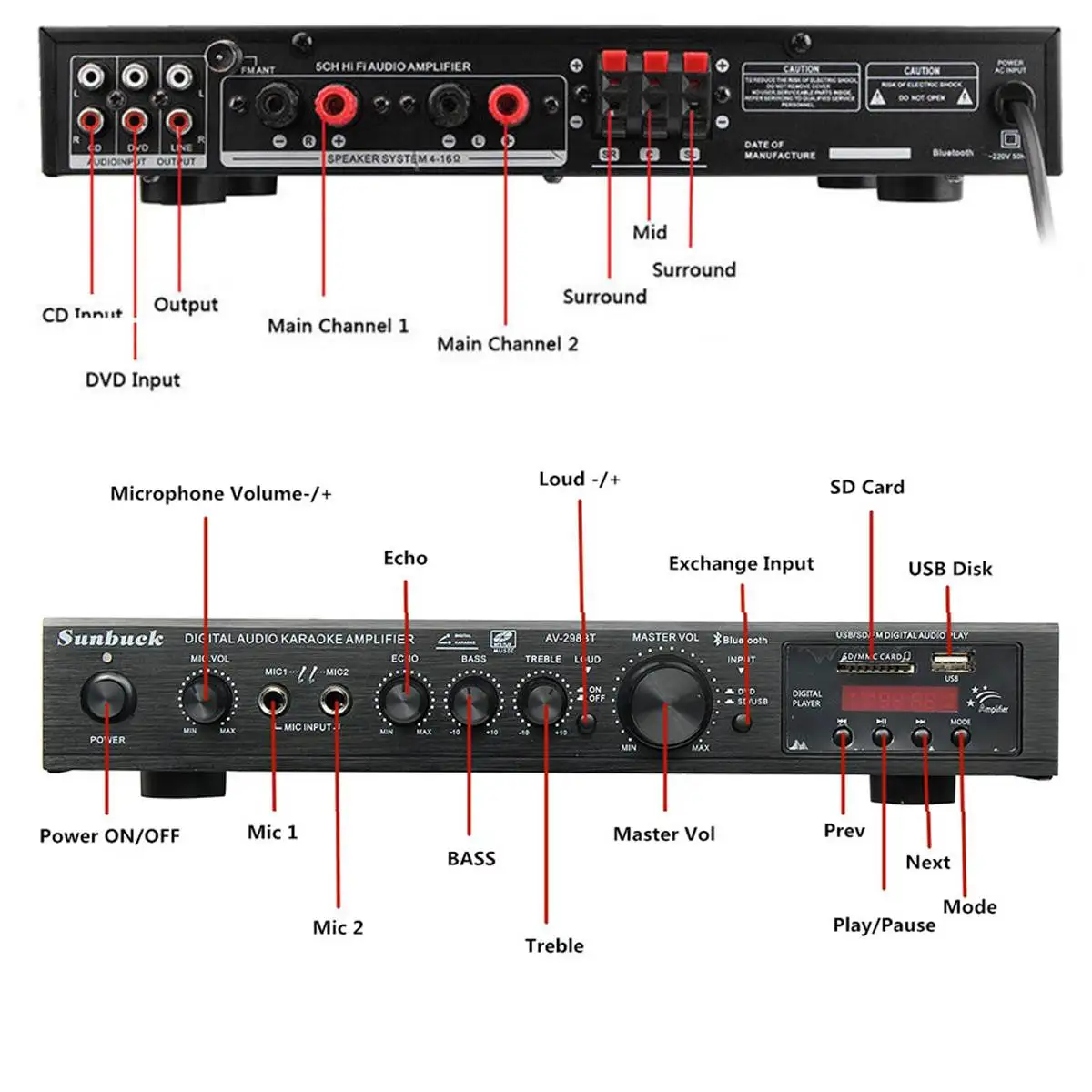 Усилитель мощности 5 0 bluetooth 298BT ЖК-дисплей аудио HiFi 2000 Вт 220-240 В 50 Гц каналов для