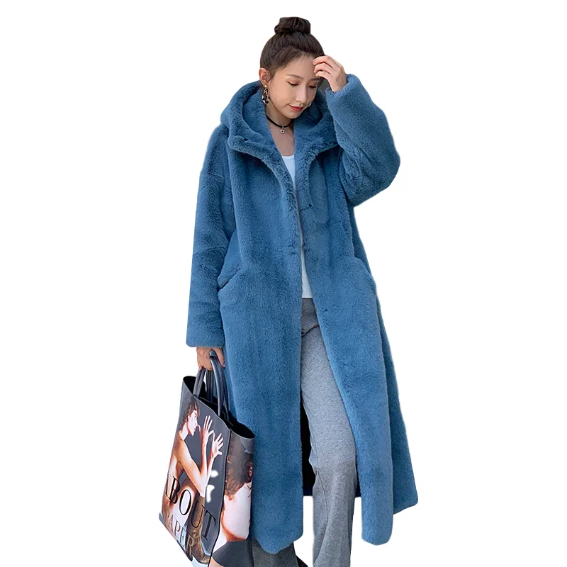 Зимнее женское пальто из искусственного кроличьего меха корейское длинное с