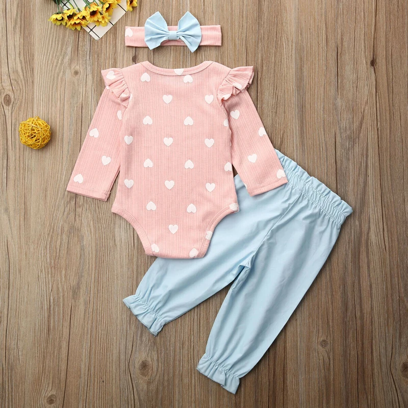 Lovely 3PCS Newborn Baby Girls Clothes 0-18M Infant Heart Print T shirt Tops Bodysuit Pants Headband Outfit Autumn Set Tracksuit | Детская