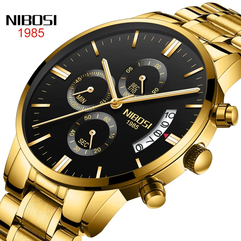 NIBOSI Gold Chronograph Quartz Watch Top Brand Luxury Men Watches Fashion Man Wristwatches Stainless Steel Relogio Masculino