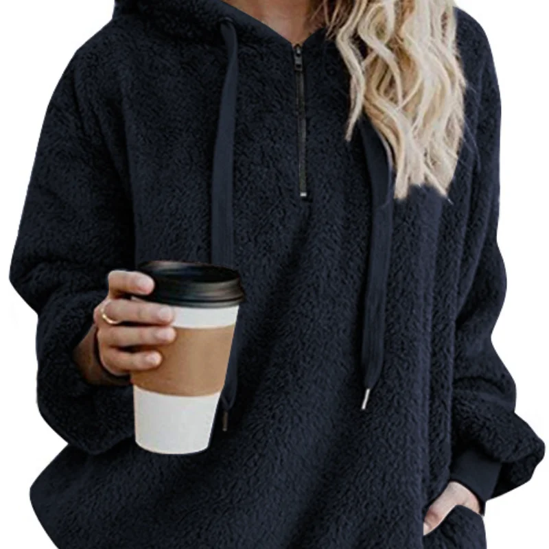

Winter European and American Long Sleeve Zipper Hooded Solid Color Women's Fleece Pullover Coat