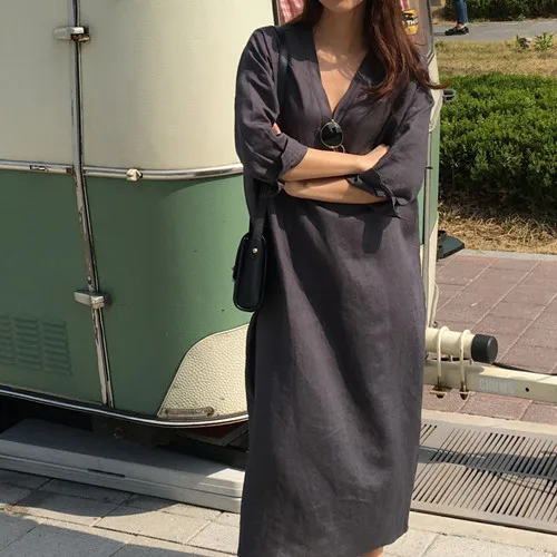 SuperAen корейский стиль женское длинное платье сплошной цвет хлопок повседневное женское платье с v-образным вырезом Осень новинка женская одежда