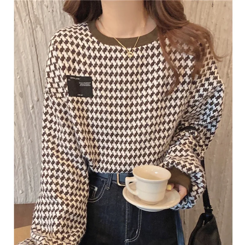 

Spring and Autumn 2021 New Loose Outer Wear Thousand Bird Grid Thickened Hoodless Super Fire Long Sleeved Sweater Top Women's