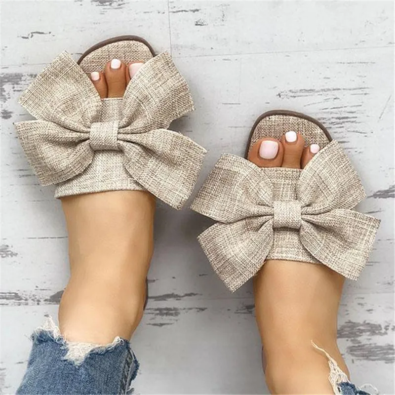Женские летние пляжные шлепанцы Дышащие льняные Вьетнамки с большим бантом
