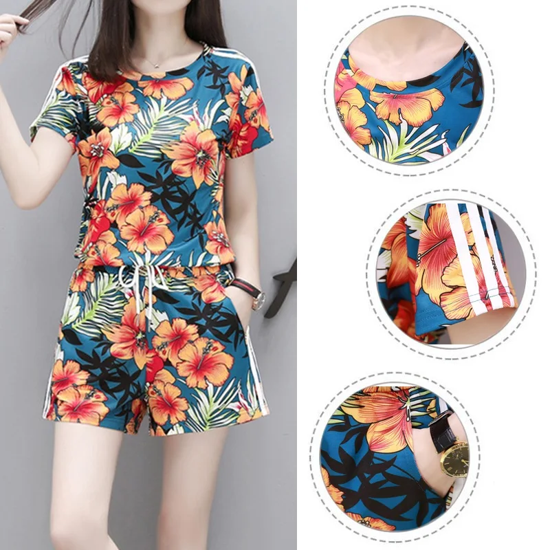

Summer Women Flower Printed Sets Short Sleeve Tops Drawstring Waist Shorts Suits Female Suit