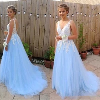 sky blue evening dresses with lace applique sexy v neck backless spaghetti straps formal prom gowns vestidos de gala