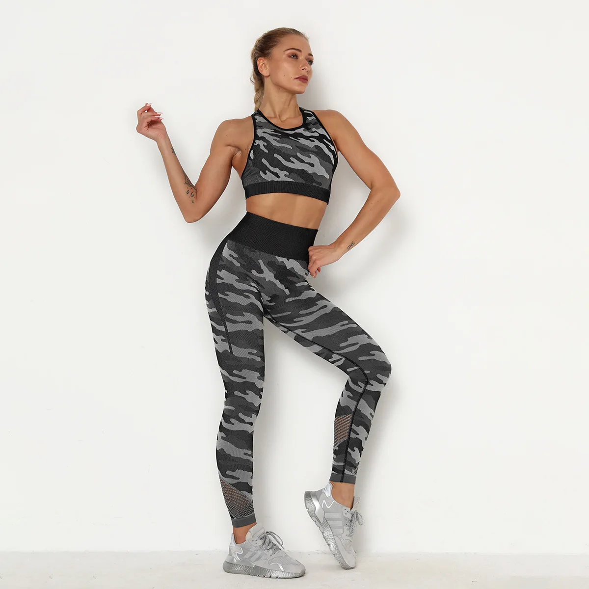 

Sport Set Women's Mesh Camouflage Seamless Slim Yoga Sports Suit Tracksuit Crop Top High Waist Leggings Workout Gym Clothes