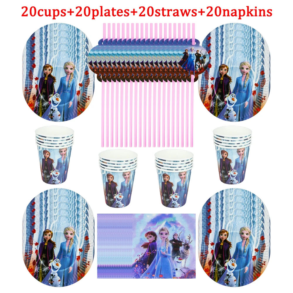 

Disney Princess Frozen Girls Birthday Party Decorations Cup Plate Straw Spoon Napkin Disposable Tableware Baby Shower 80/60Pcs