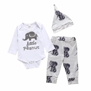 Костюм для новорожденных мальчиков с длинным рукавом детский комбинезон с мультяшным принтом слона Брюки Комплект из трех предметов для детей комплект одежды
