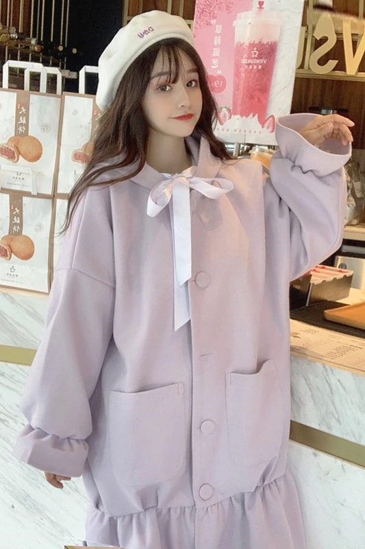

Autumn Winter Mid-length Hooded Woolen Cloth Women Korean Loose Sweet Cute Tender Flared Sleeves Coat Girl Outer Coat