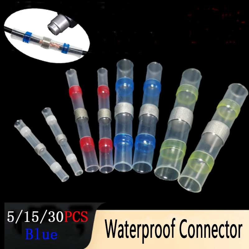 

5/15/30 pcs Solder Seal Wire Connectors Heat Shrink Solder Butt Connectors Kit Automotive Marine Insulated Solder Connector