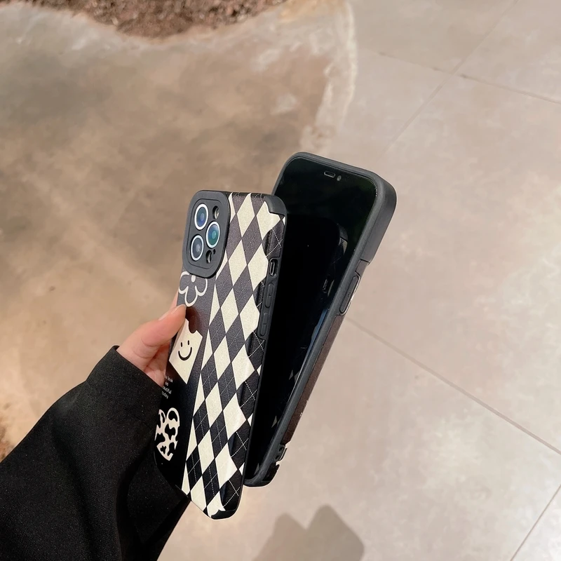 art retro smiley face graffiti plaid korea phone case for iphone 12 11 pro max x xs max xr 7 8 plus cases soft leather cover free global shipping