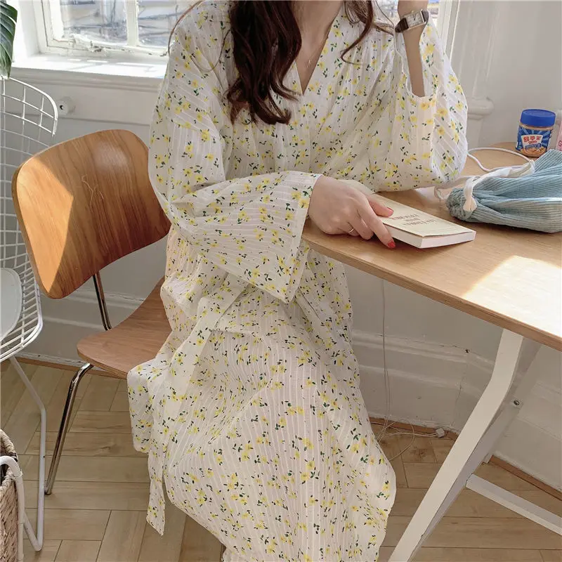 QWEEK Cotton Robes for Women Autumn Kimono Long Floral Print Sleepwear Korean Style Bathrobe Oversize Loungewear Female Bedroom