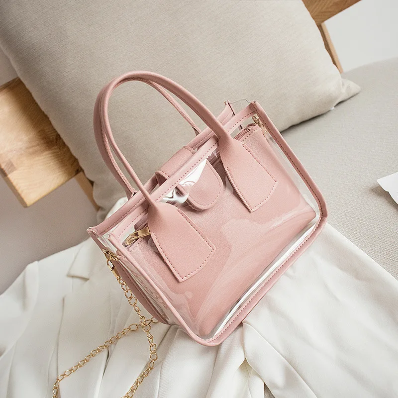 

2021 Fashion Trend Women Ladies Solid Color Crossbody Handbag PVC PU Leather Zipper Composite Bags Chain Shoulder Strap Purse