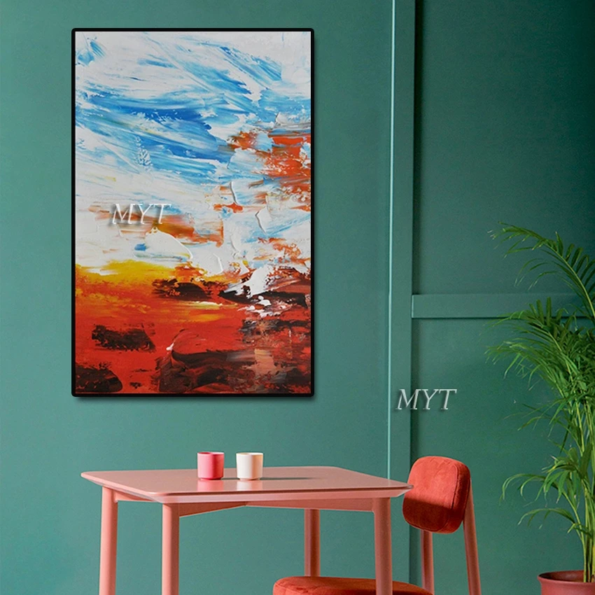Hand Painted Red And Blue Abstract Gold Lines Oil Painting Canvas Wall Art Fine Modern Unframe For Living Room Decoration | Дом и сад