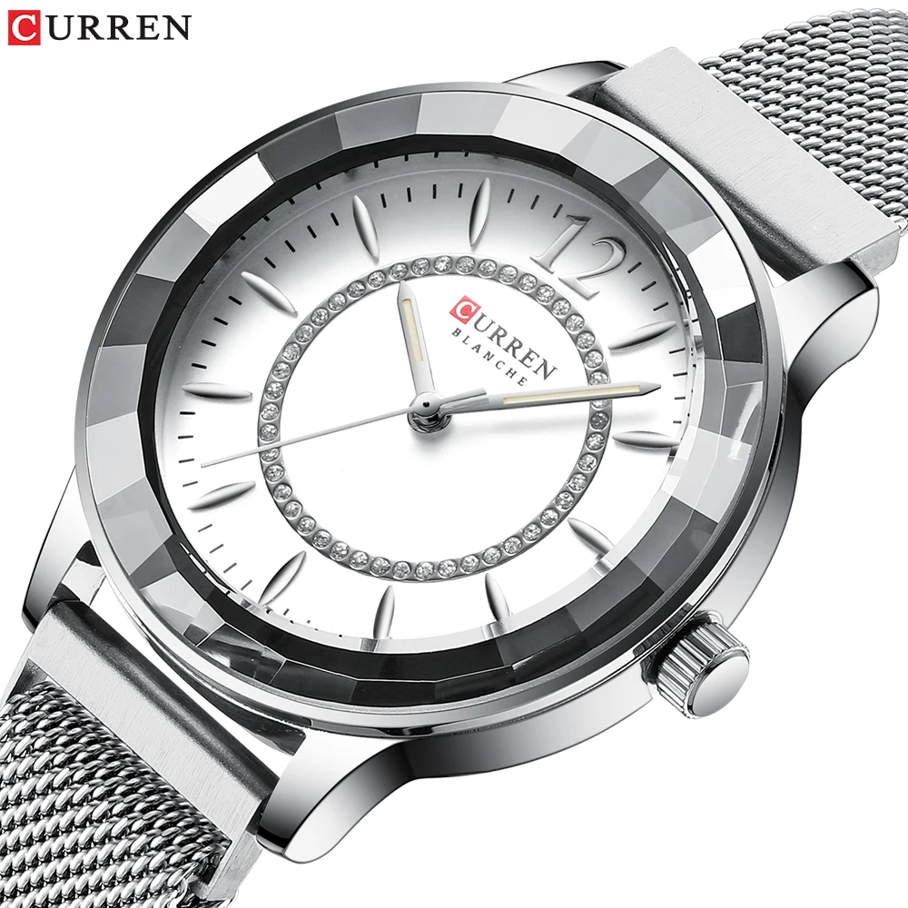 

Curren очаровательные женские кварцевые часы для женщин стильные Стразы Часы с серебряной сеткой relogio feminino 2019