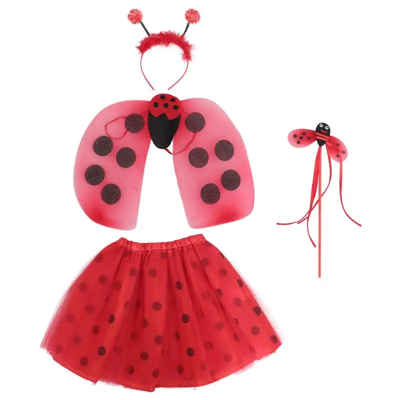 

1 Set Child Holiday Party Costume Kit Ladybug Wing Net Gauze Skirt Set (Red)