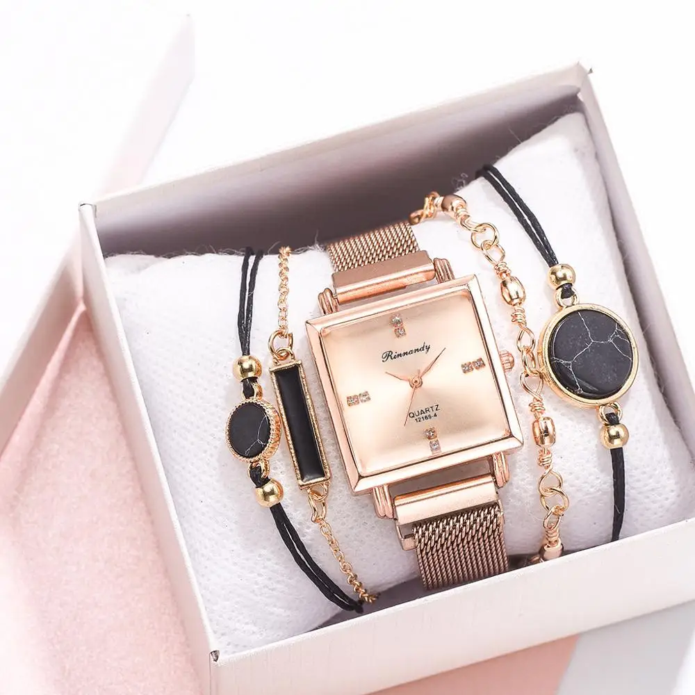 

Luxury 5pcs Women Watch Set Magnetic Rhinestone Female Clock Quartz Wristwatch Bracelet Fashion Square Watch Ladies Reloj Mujer