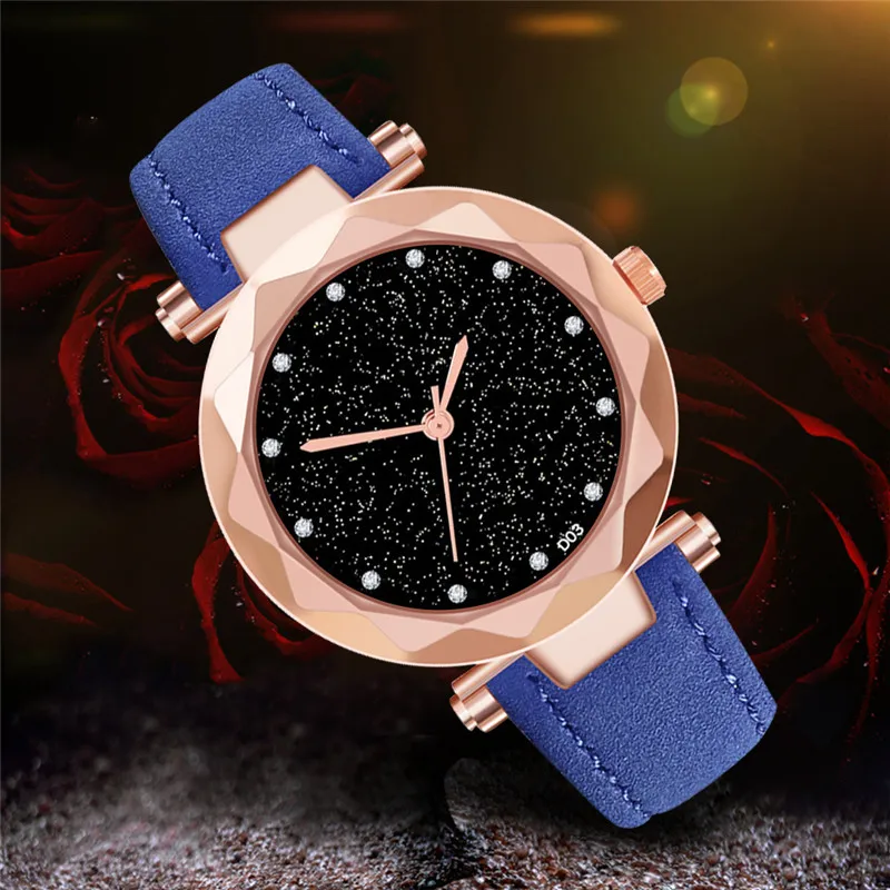 Simple Casual Ladies Watch Matte Leather Diamond Wrist Starry Sky Dial Retro Women creative Fashion Clock relogio feminino | Наручные