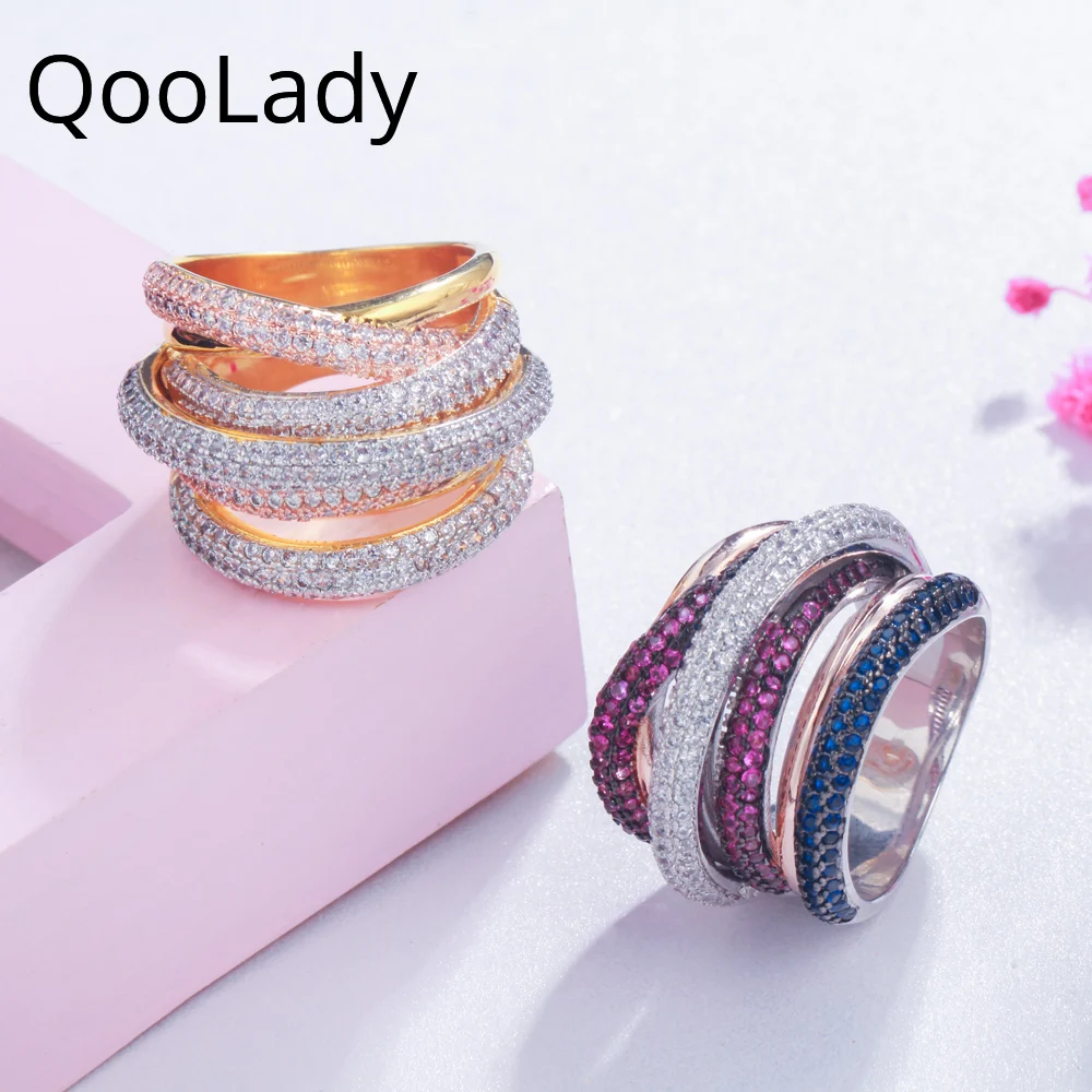 

QooLady Luxury 3 Tone Gold Color Micro Pave Blue Red Cubic Zirconia Big Finger Ring Party Jewelry Accessories for Women F008