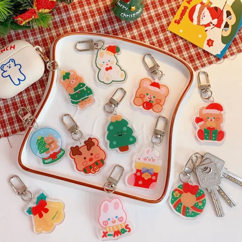 

Creative Cartoon Couple Keychain Christmas Cute Bear Rabbit Elk Tree Bells Bags Pendants Animal Key Chain New Year Gifts