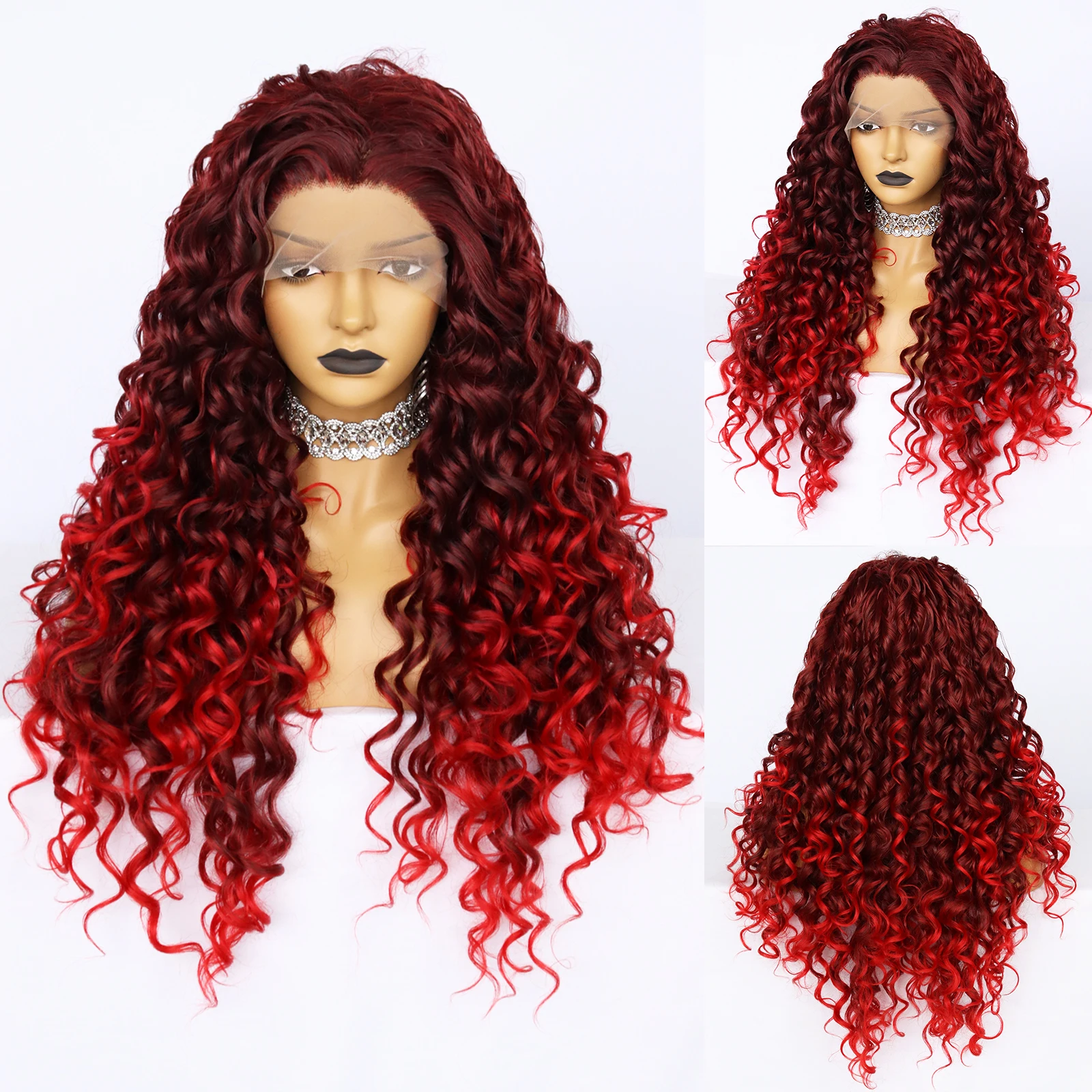 JONETING Long Curly Ombre Red 13*2.5 Heat Resistant Synthetic Lace Front Wigs for Women