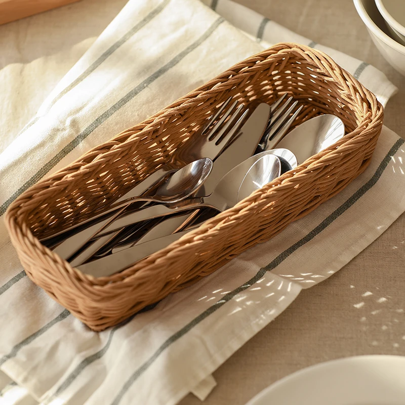 

Rectangular Rattan Storage Basket Hand-made Food Platter Container For Fruit Snack Bread Kitchen Knife Fork Basket Supplies