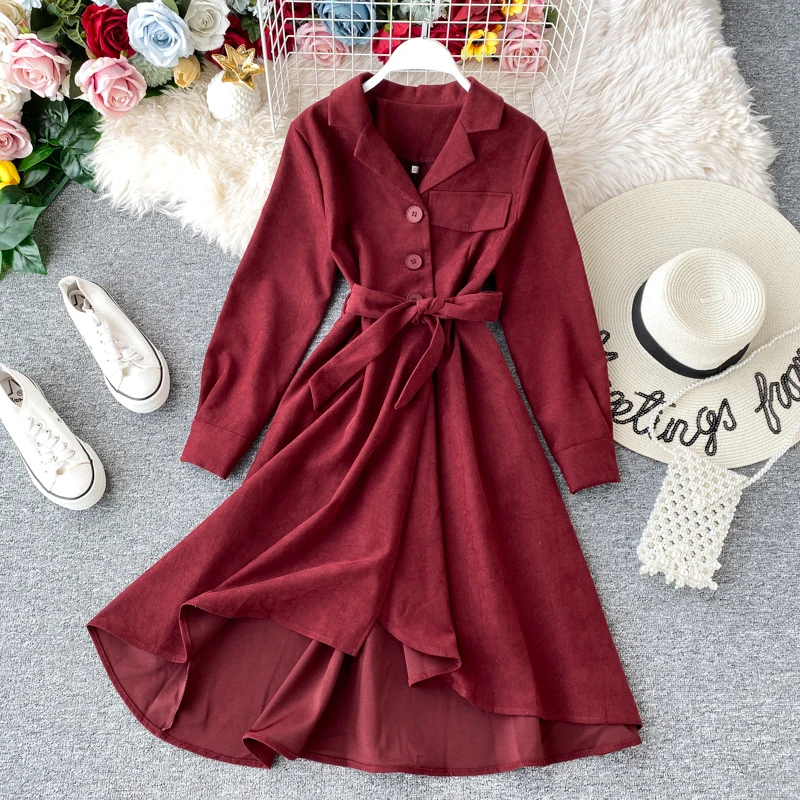 SINGRAIN Women Irregular Long Corduroy Dress Winter Streetwear French Office Warm Sleeves Autumn Vintage Shirt |