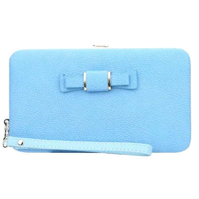 Light blue wallet Новинка, женские кошельки, женские сумки, с бантом, на застежке, кожаный кошелек для девушек, кошелек для монет, большая емкость, держатель для карт, Женский Роскошный кошелек, клатч - Цвет: Light blue wallet